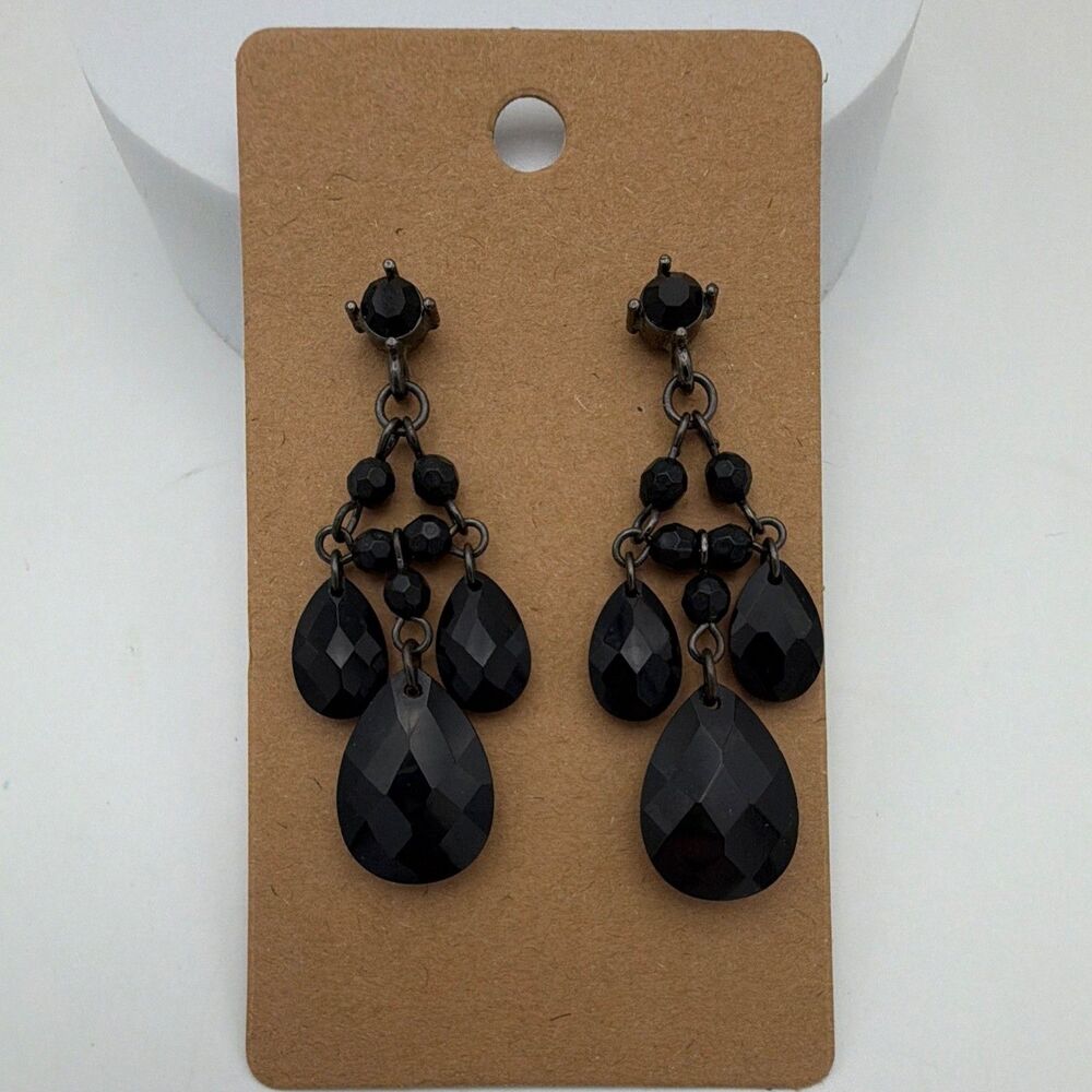 Black Faceted Teardrop Crystal Rhinestone Prong Set Dangle Earrings 2"